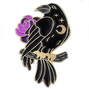 NEW Black Crow w/ Purple Flower Enamel Pin